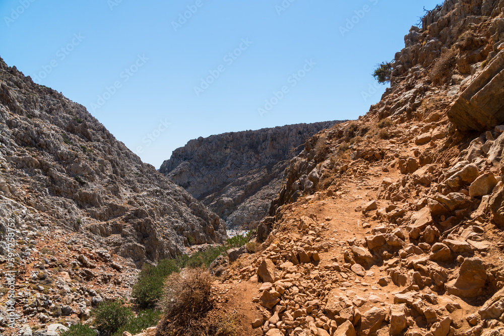 Fototapeta premium Beautiful beach Seitan limania also known as Stefanou beach on Crete, Greece. Superb bay in a canyon, this destination is hard to reach, famous place on island of Crete .