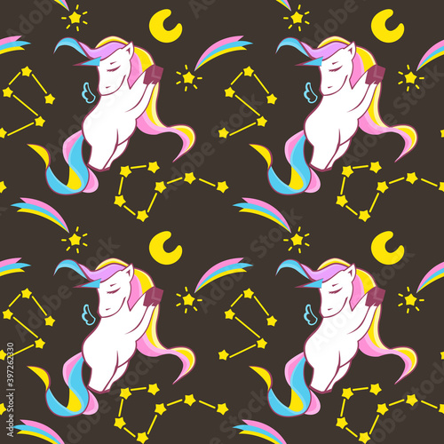 Seamless, endless pattern with white unicorns, rainbow and stars. Isolated on dark background. Unicorn pattern. Vector eps 10 format