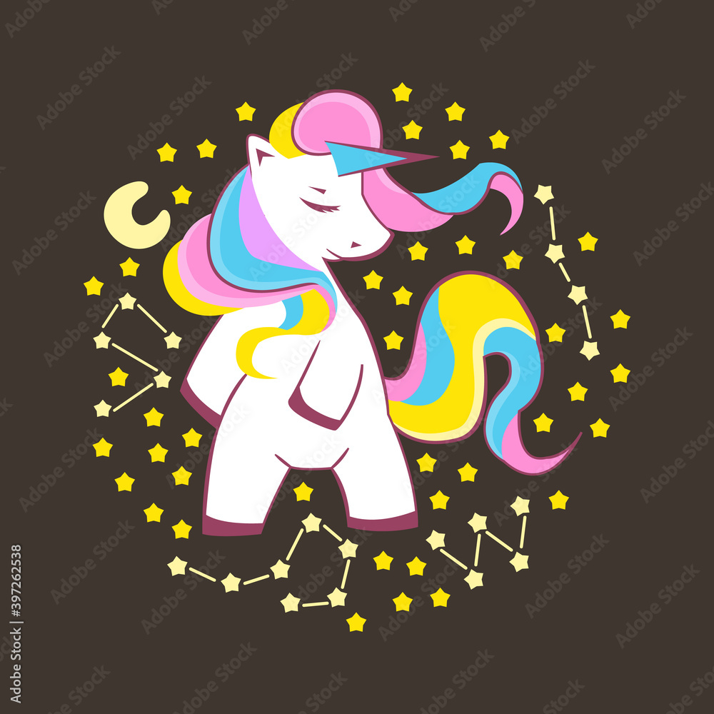 Obraz premium Cute Unicorn, funny unicorn surrounded by stars and constellations, illustration of character design, can be used for T-shirt prints