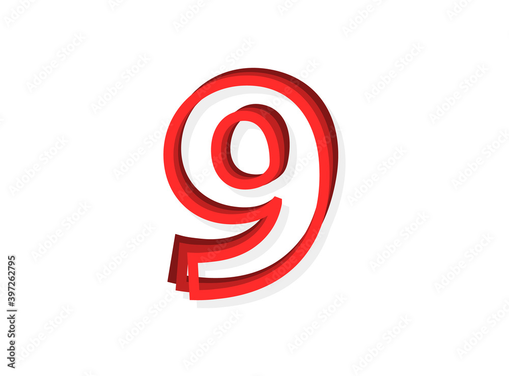 9 Number vector, modern outline layers design font with red color. Eps10 illustration