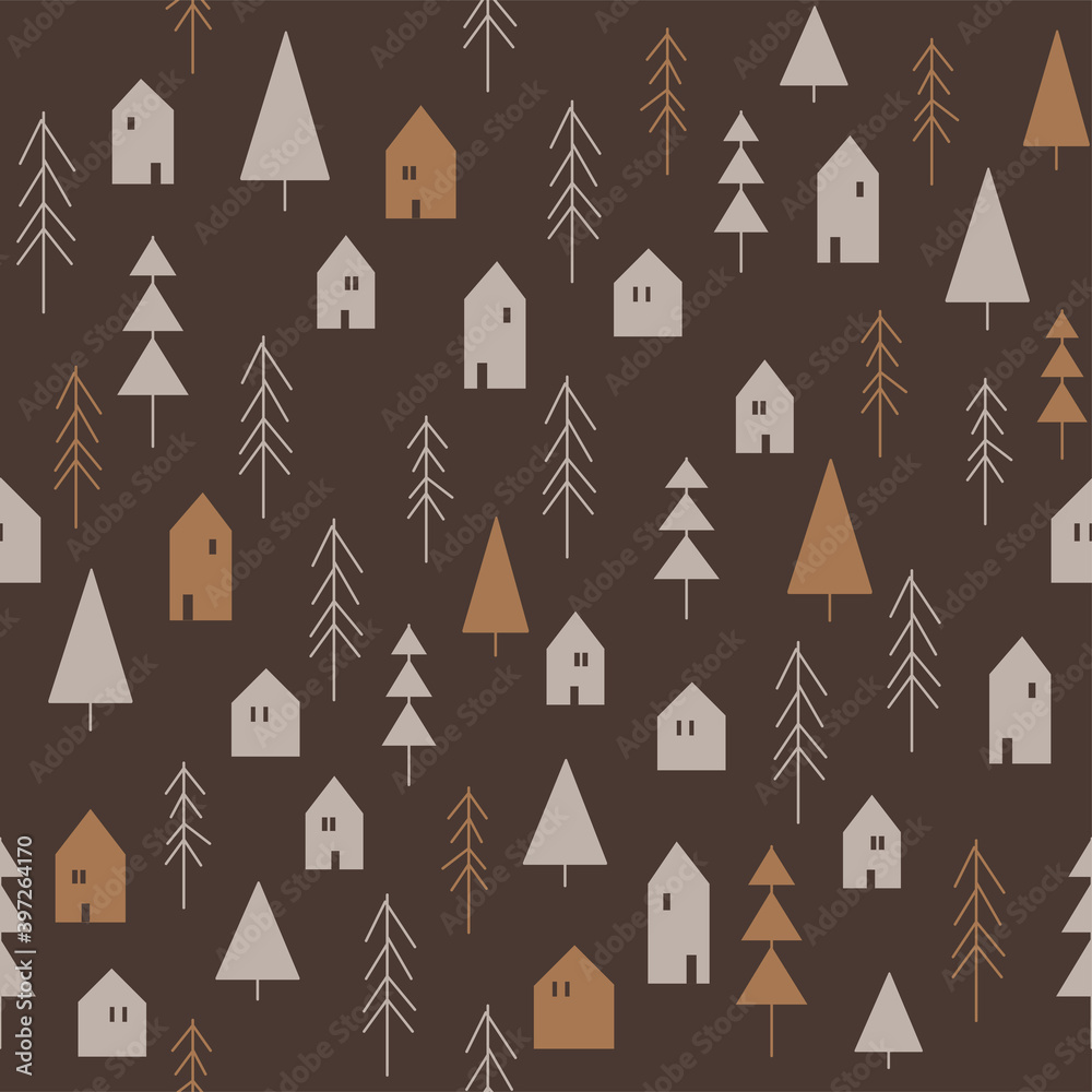 Seamless Christmas pattern with trees and houses in the Scandinavian style. Winter festive retro style background