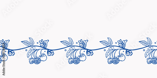 Vintage Porcelain Blue Floral Baroque Berry Border. Seamless Vector Background.. Brush Pen Design. Kitchen Tools. Food, Kitchen Wear, Summer Party. Vector EPS 10 Tile.