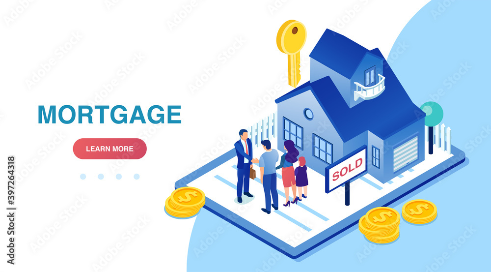 Vector of a family buying a new house signing a deal with real estate agent.