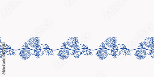 Classic Porcelain Blue Floral Baroque Border. Seamless Vector Floral Garland. Brush Pen Design. Kitchen Tools. Food, Kitchen Wear, Summer Party. Vector EPS 10 Tile.