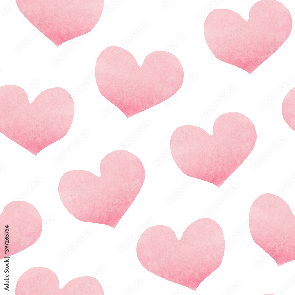 Seamless watercolor pattern pink hearts. For decoration of postcards, print, design works, souvenirs, design of fabrics and textiles, packaging design.