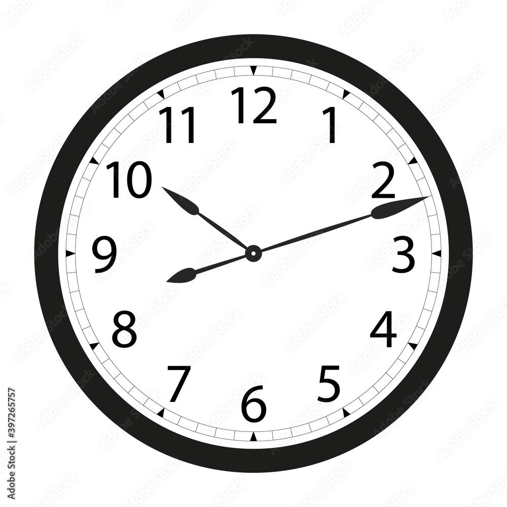Wall clock with black frame and hands. Flat style vector illustration. Simple classic wall clock with arab numbers isolated on white background Wall clock with black frame and hands. Flat style vector illustration. Simple classic wall clock with arab numbers isolated on white background