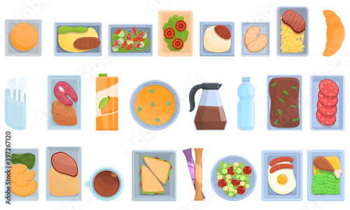 Airline food icons set. Cartoon set of airline food vector icons for web design