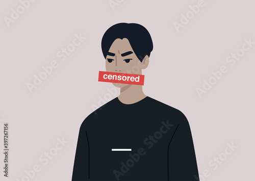 Young angry male Asian character expressing their emotions with swearwords, insulting words concept