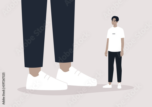 Equality problem: a male character standing next to a giant, racism at work