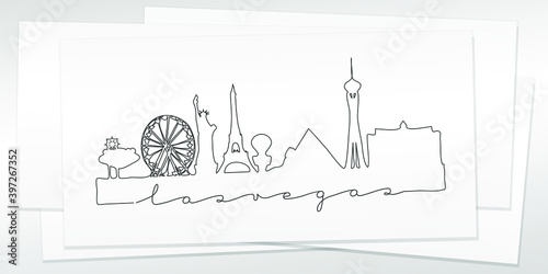 Las Vegas, NV, USA Doodle Skyline Hand Drawn. City One Line Art Illustration Landmark. Minimalistic Sketch Pen Background.