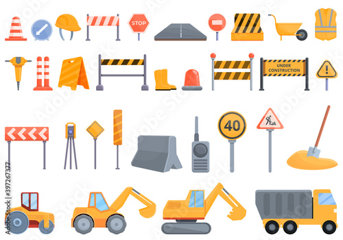 Highway construction icons set. Cartoon set of highway construction vector icons for web design