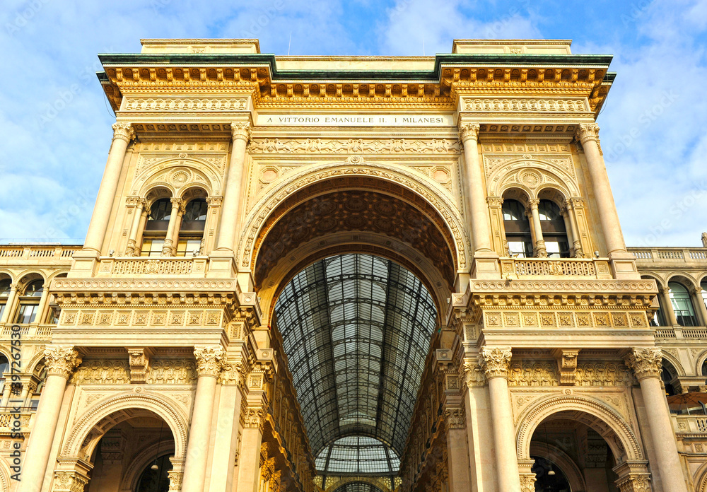 Gallery - Galleria Vittorio Emanuele II in Milan, Lombardy, Italy. Built between 1865 and 1877, it is an active shopping center for major fashion brands.