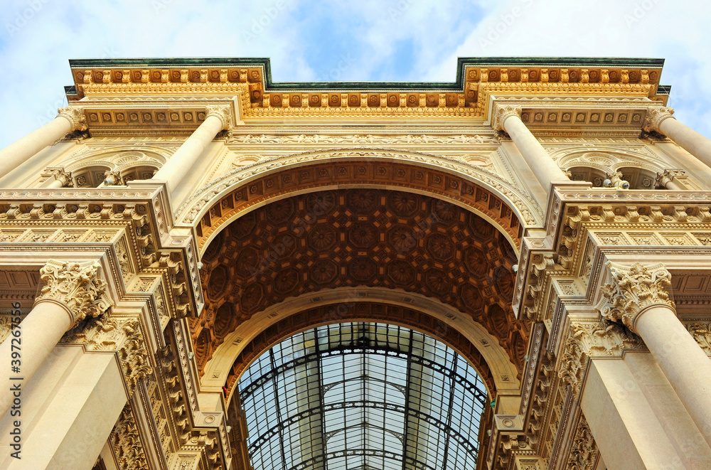 Gallery - Galleria Vittorio Emanuele II in Milan, Lombardy, Italy. Built between 1865 and 1877, it is an active shopping center for major fashion brands.