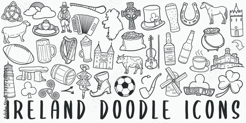 Ireland, doodle icon set. Irish Style Vector illustration collection. Banner Hand drawn Line art style.
