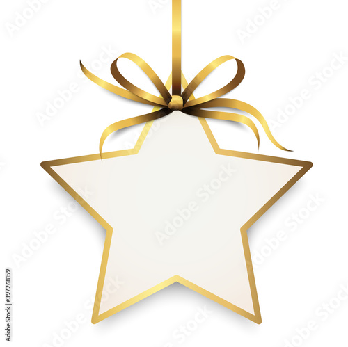 gold ribbon bow with christmas star hang tag