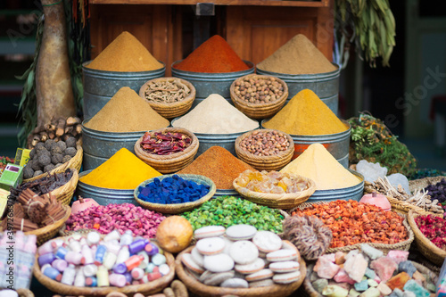 Variety of spices and herbs on market