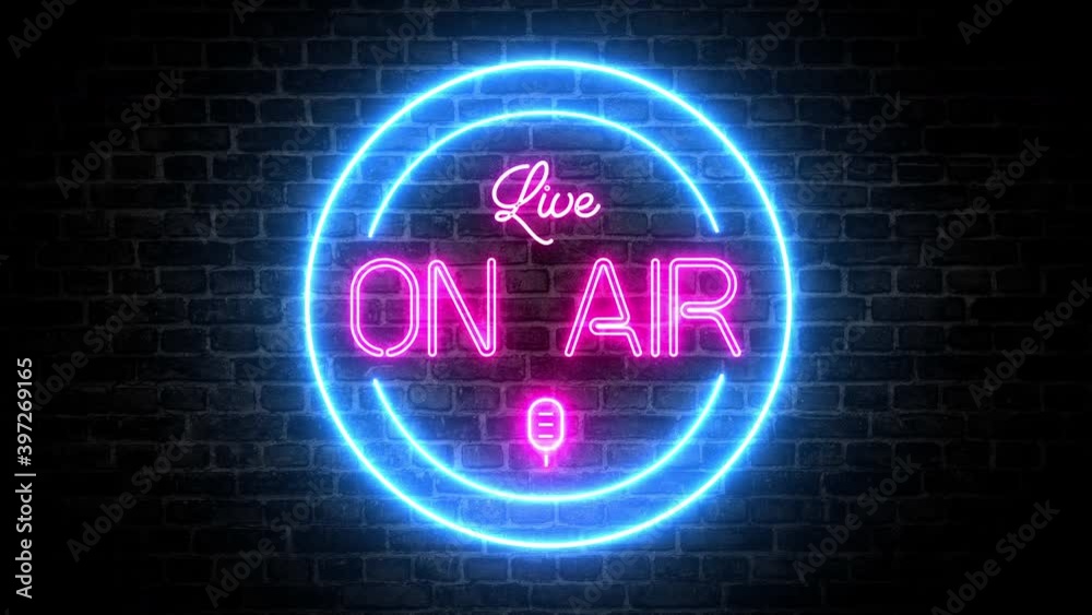 Live on air microphone light neon signboard neon banner podcast stream recording studio brick wall background animation Live on air microphone light neon signboard neon banner podcast stream recording studio brick wall background animation