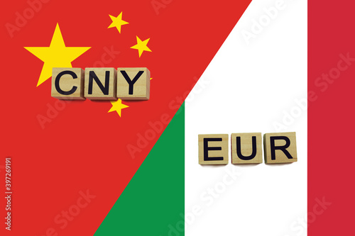 China and Italy currencies codes on national flags background