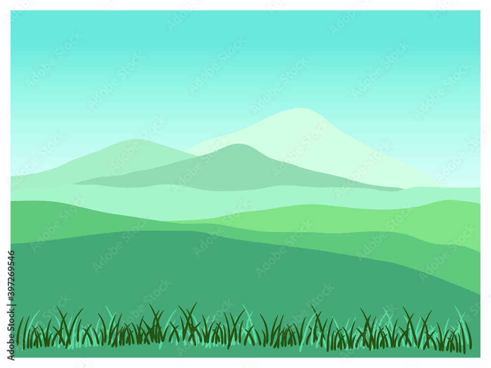 Obraz premium Simple green mountain and meadow illustration. Abstract background landscape vector illustration.
