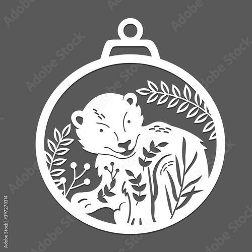 Template for laser cutting of a Christmas tree toy with a silhouette of a bear in the branches. Christmas decoration for the window. Paper cut vector illustration with forest animals.