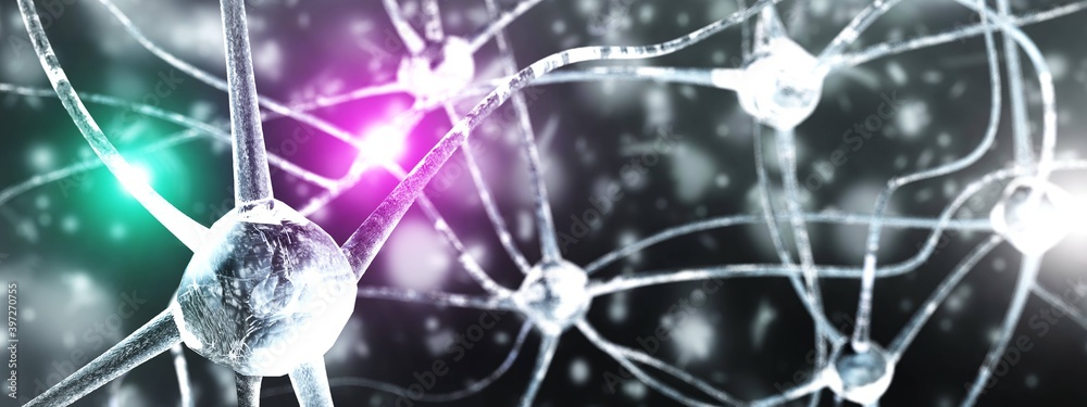 The neuron is active, the neural network of the brain in progress, the nero close up, christmas background, 3d rendering