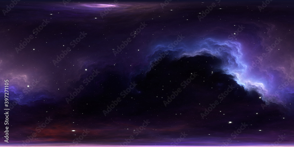 Fototapeta premium 360 degree equirectangular projection space background with nebula and stars, environment map. HDRI spherical panorama