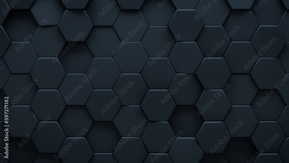 Futuristic, High Tech, dark background, with a hexagonal cellular structure. Wall texture with a 3D hexagon tile pattern. 3D render Futuristic, High Tech, dark background, with a hexagonal cellular structure. Wall texture with a 3D hexagon tile pattern. 3D render