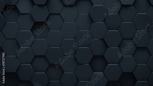 Futuristic, High Tech, dark background, with a hexagonal cellular structure. Wall texture with a 3D hexagon tile pattern. 3D render photo