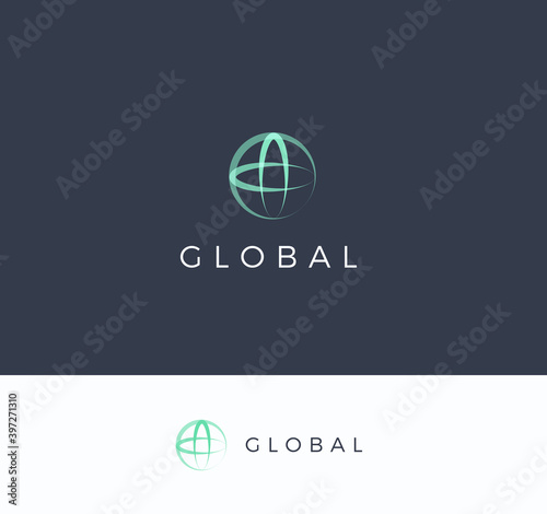 Round sphere with cross vector logo concept. Global universal technology isolated icon on dark background. Network abstract sign for business and developing startup