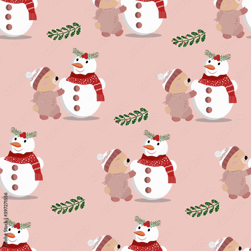 Vector illustration of a bear making a snowman. Holiday vector Wallpaper. Seamless background with bears and snowman on a white background. Vector illustration, cute repeating pattern for fabric
