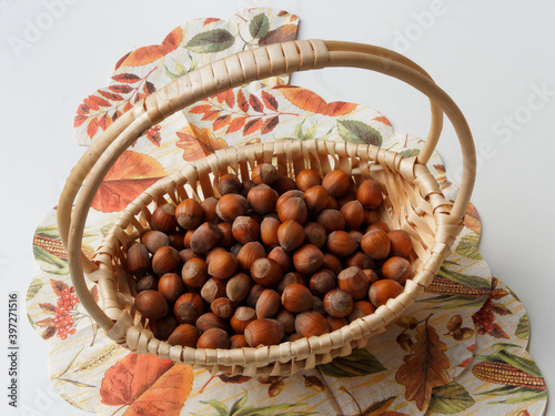 Noisettes mûres dans un panier. Fruits secs du noisetier européen (Corylus avellana). Ceuillette d'automne photo