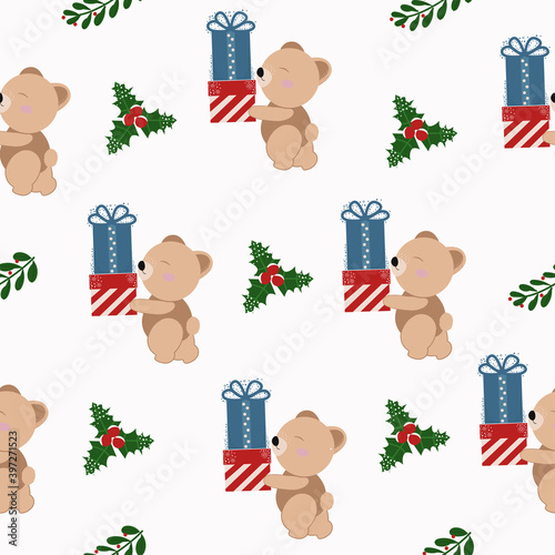 New year vector illustration of a bear giving gifts. For wrapping paper,holiday packaging