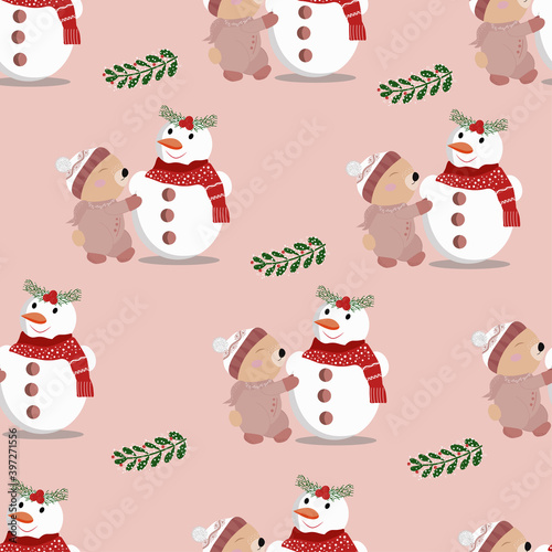 Vector illustration of a bear making a snowman. Holiday vector Wallpaper. Seamless background with bears and snowman on a white background. Vector illustration, cute repeating pattern for fabric