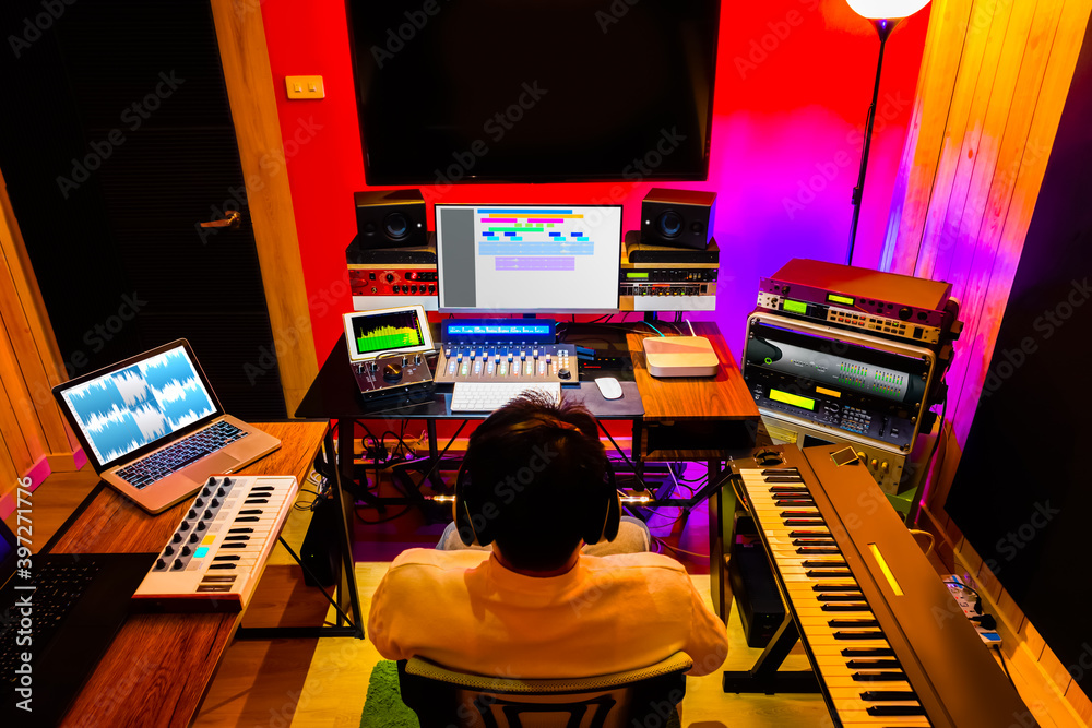 modern home recording studio showing professional digital audio recording equipment for music