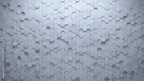 Futuristic, High Tech, light background, with a hexagonal cellular structure. Wall texture with a 3D hexagon tile pattern. 3D render photo