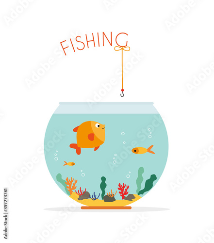 Goldfish in fishbowl, fishing. Aquarium with swimming gold exotic fish. Underwater aquarium habitat with sea plants. Flat vector drawn illustration, isolated objects.