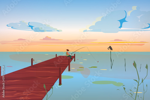 A beautiful pier with a fisherman on it. The bird on the lake rests, against the cloud sky. The lake with piers in light colors. Vector eps illustration.