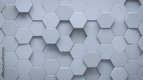 Futuristic, High Tech, light background, with a hexagonal cellular structure. Wall texture with a 3D hexagon tile pattern. 3D render photo