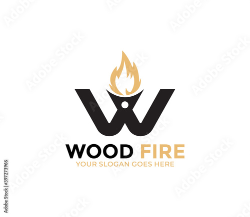 W Alphabet Wood Fire Logo Design Concept