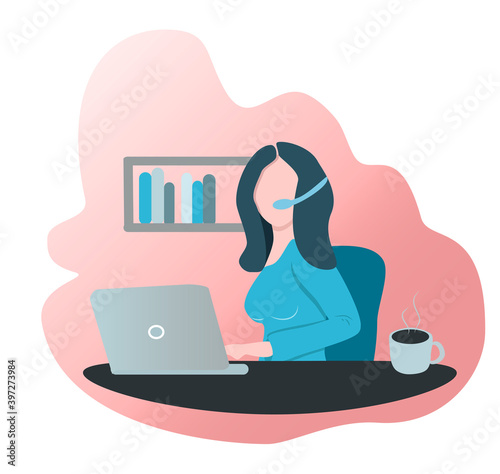 vector hand drawn illustration of a girl with a head microphone works behind a laptop at home. Call center operator at home. Trendy flat illustration for websites and apps