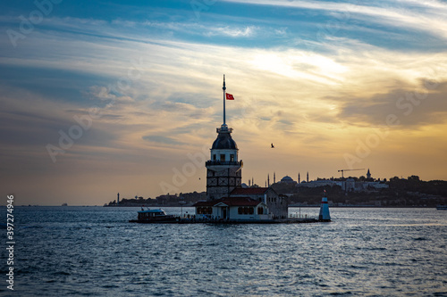 Istanbul, Turkey - September 2020:Maiden's Tower or Kiz Kulesi located in the middle of Bosporus in the beautiful twilight