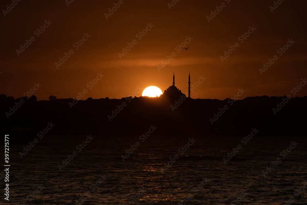 Istanbul, Turkey - September 2020: viewed on the panorama of the city of Instabul from the Bosphorus at sunset