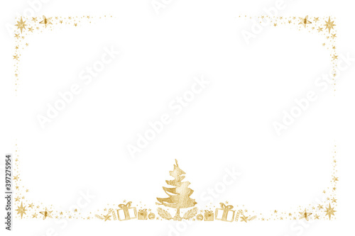 Watercolor Paint Christmas ornaments card frame Pine center and stars gold Metallic Elegant handmade painting bush