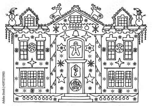 The American house is decorated with Christmas toys, decorations, reindeer, snowmen for Christmas and New Year. Hand drawn illustration. Doodle style. Coloring for children.