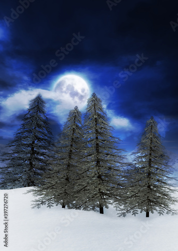 3d Moonlit winter mountain landscape