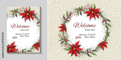 hand-drawn greeting card, an invitation  of flowers isolated on a white background. realistic Botanical bouquets,  of  flowers (poinsettia,  mistletoe, Holly). for postcards, invitations, holidays. 