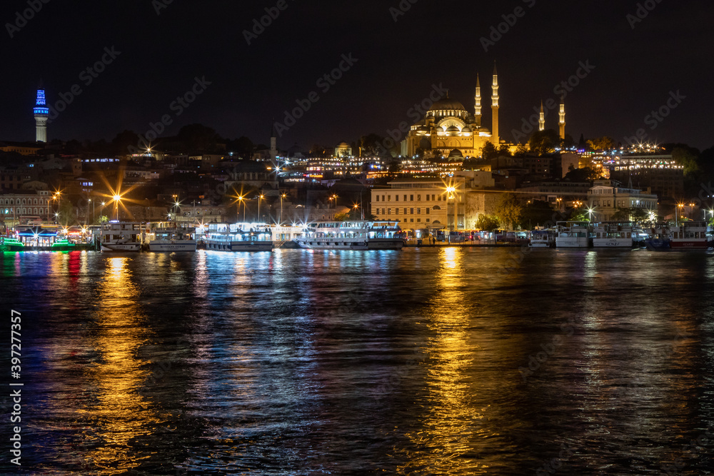panoramic view of Istanbul and Suleymaniye Mosque by night