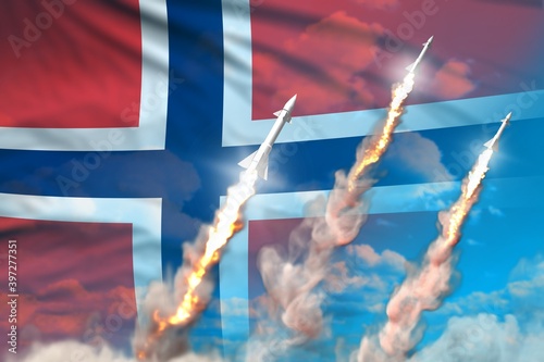 Modern strategic rocket forces concept on blue sky background, Norway nuclear missile attack - military industrial 3D illustration, nuke with flag photo