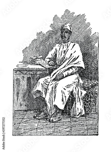 Indian man in tradition pyjamas and cap, seated with a book, 1800s, from India. Black and white illustration.