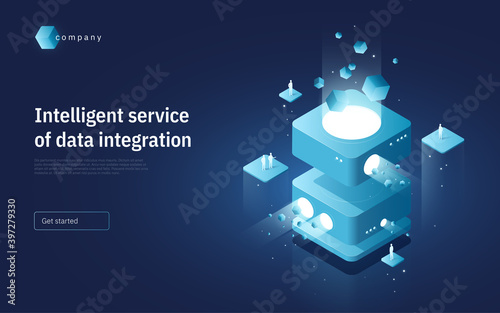 Abstract isometric vector illustration on the subject of technologies, data, processes, platforms, services. Landing page template